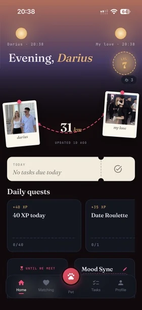 The LuviDuo Home screen with the distance between you and the daily challenges