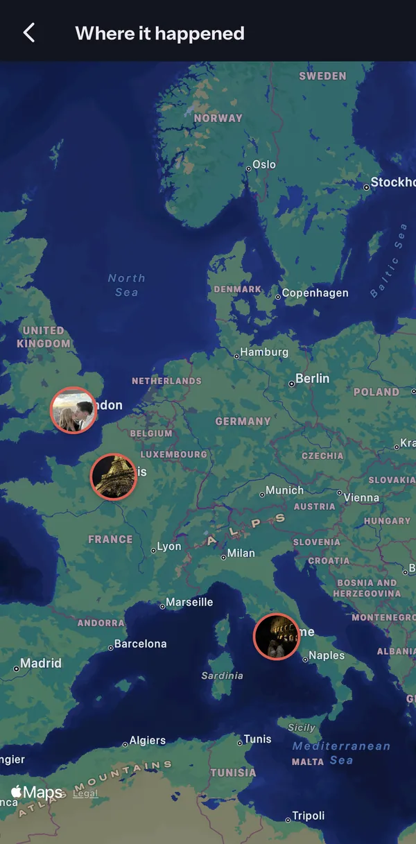LuviDuo memory map with photos pinned in London, Paris and Rome