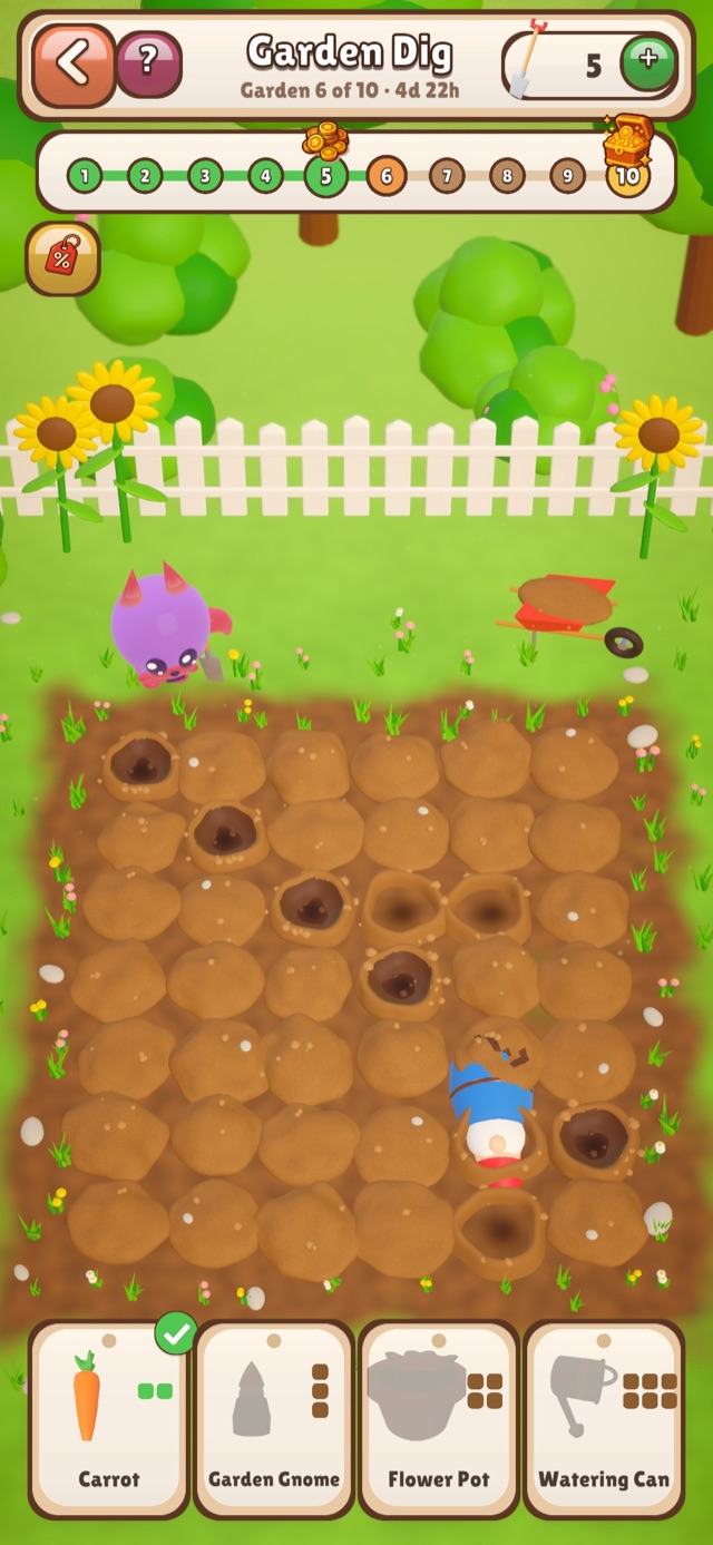 Garden Dig event: Luvi digging in a garden patch to find a carrot, a gnome, a flower pot and a watering can